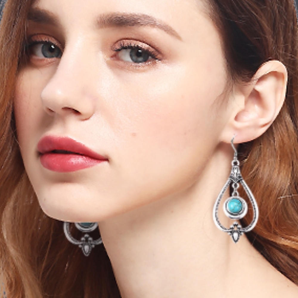 :: Elegant  Turquoise + Silver Drop Earrings - Picture 4 of 5